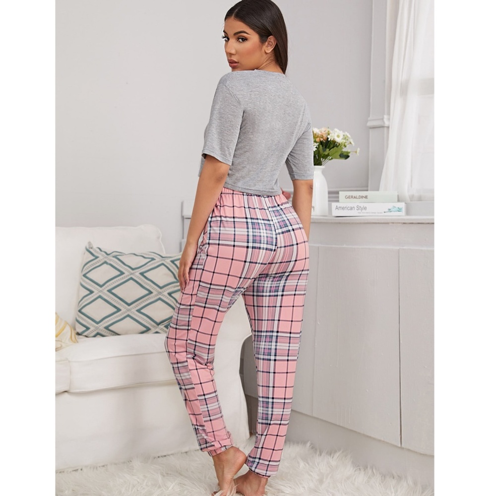 2 Piece Pajama Set, Loungewear Grey + Plaid - Picture 2 of 10